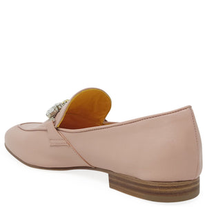 Light pink leather loafer rear view with block heel and open slip-on back