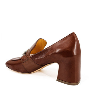 Cognac leather mid-heel loafer, side view, jeweled buckle detail
