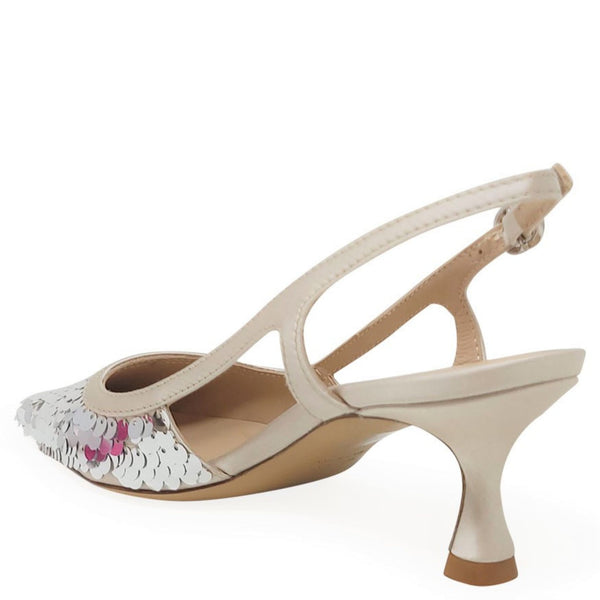 Silver sequined slingback heel with open back and thin ankle strap