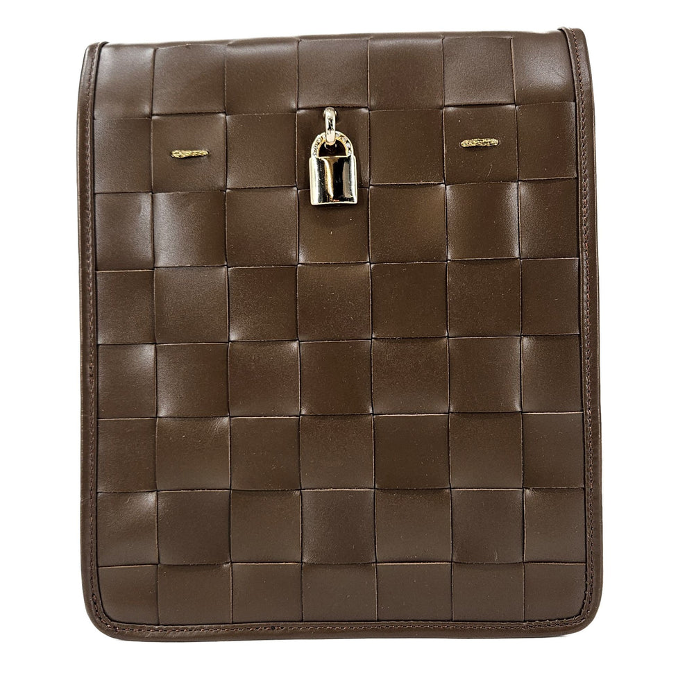 Chocolate woven leather crossbody bag, front flap with lock clasp and detachable strap