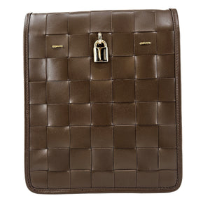 Chocolate woven leather crossbody bag with square grid quilting and central lock clasp