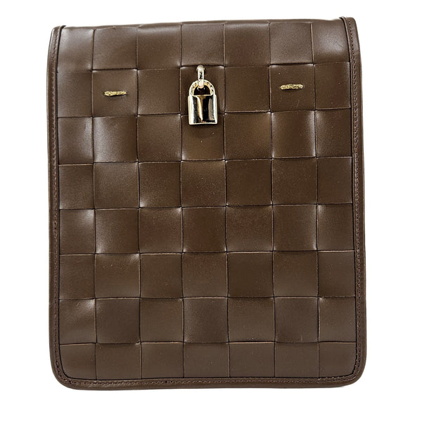 Chocolate woven leather crossbody bag with square grid quilting and central lock clasp