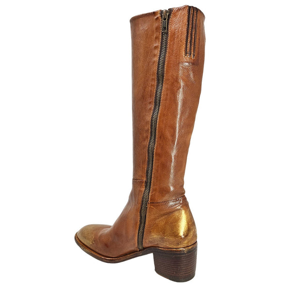 Cognac tall leather boot with full-length side zipper and low block heel