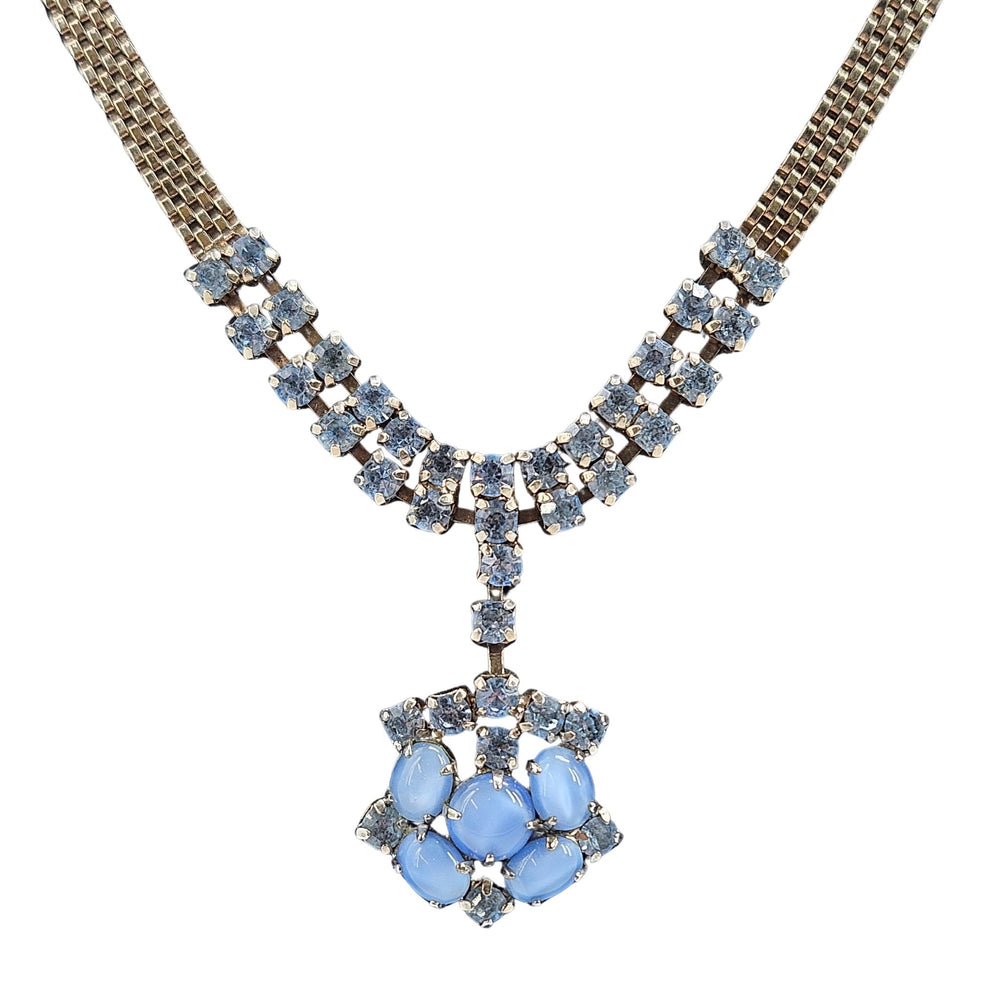 Blue rhinestone mesh necklace with square-cut stones and blue cluster pendant