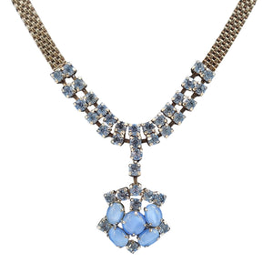 Blue rhinestone mesh necklace with square-cut stones and blue cluster pendant