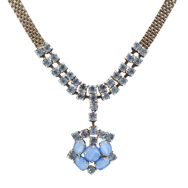 Blue rhinestone mesh necklace with square-cut stones and blue cluster pendant