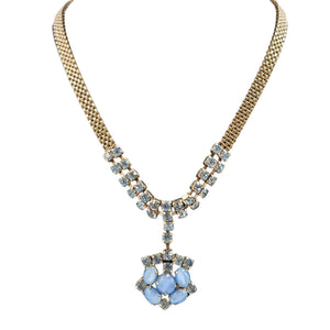 Blue rhinestone mesh necklace with V-shape stone rows and round blue cluster pendant