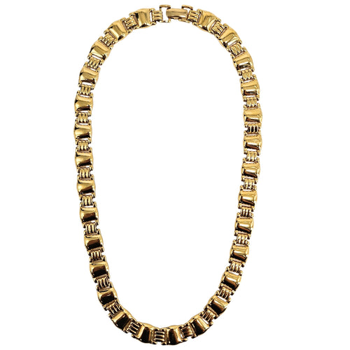 Gold-tone link collar necklace with rectangular links, oval choker silhouette
