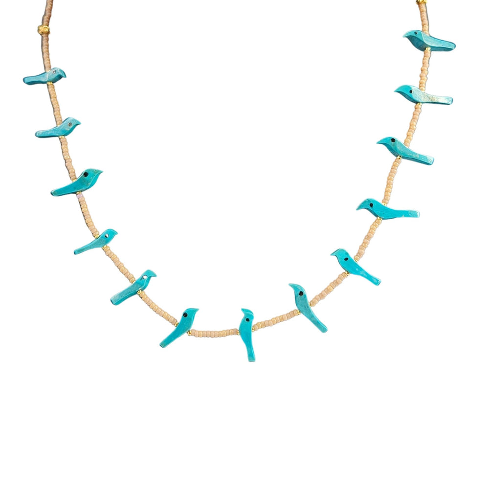 Turquoise bird beaded necklace with small birds on tan rope strand