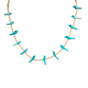 Turquoise bird beaded necklace with small birds on tan rope strand