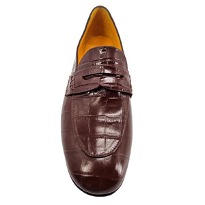 Chocolate-brown leather moc-toe loafer with glossy croc embossing and strap detail