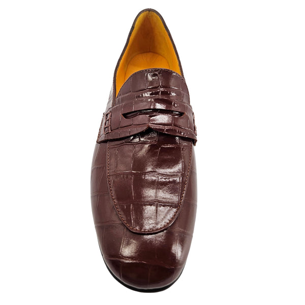 Chocolate-brown leather moc-toe loafer with glossy croc embossing and strap detail