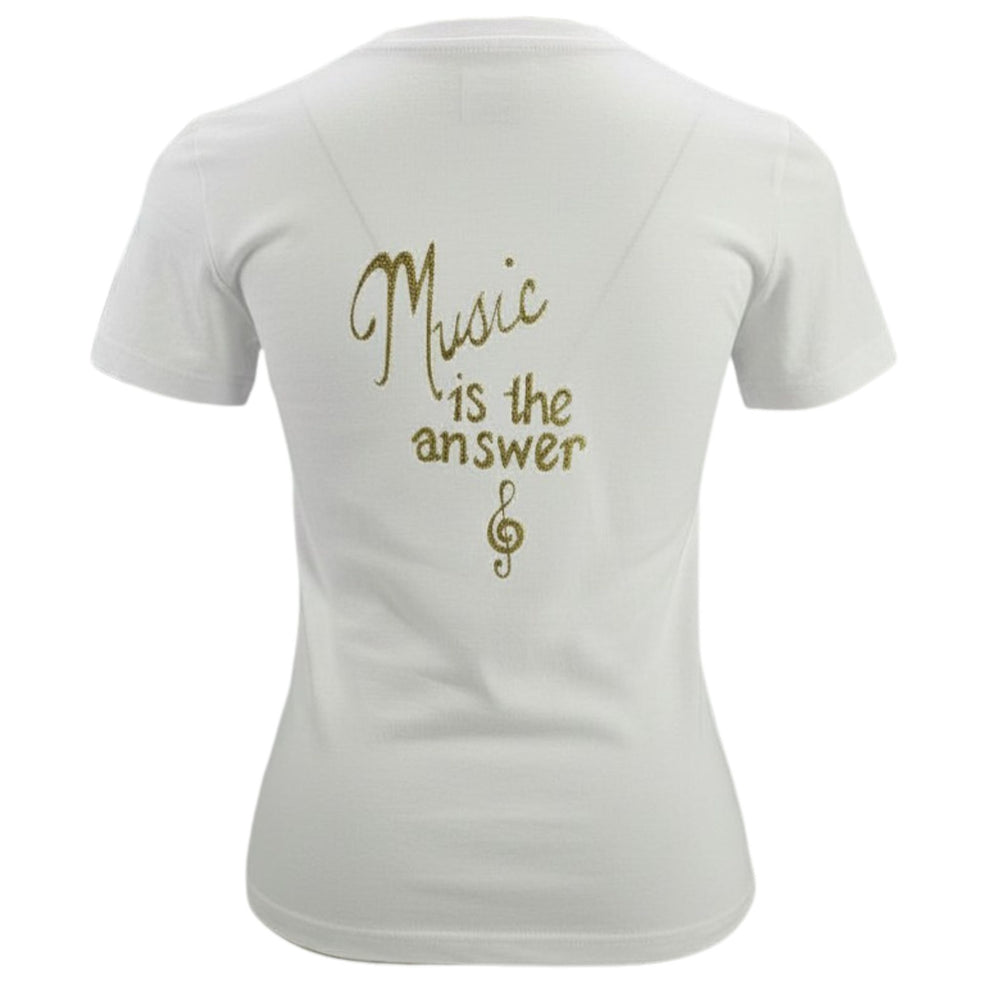 White crew-neck t-shirt with gold music note graphic on chest.