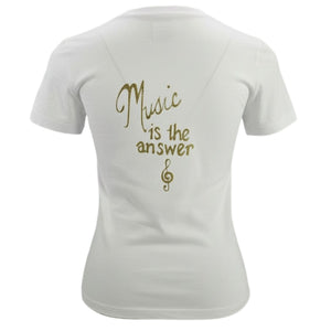White crew-neck t-shirt with gold 'Music is the answer' text and music notes on back.