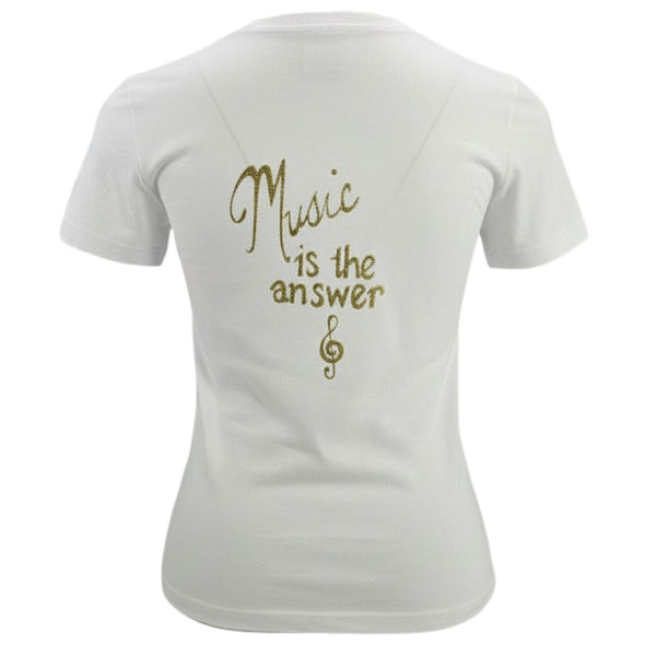 White crew-neck t-shirt with gold 'Music is the answer' text and music notes on back.