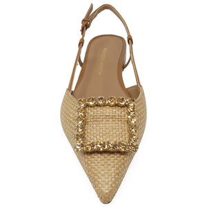 Beige slingback flat with loop strap, pointed toe, and rectangular gold jeweled panel