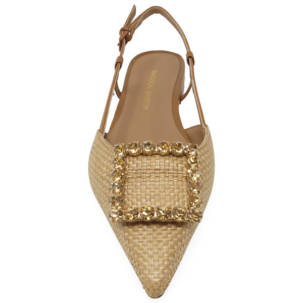 Beige slingback flat with loop strap, pointed toe, and rectangular gold jeweled panel