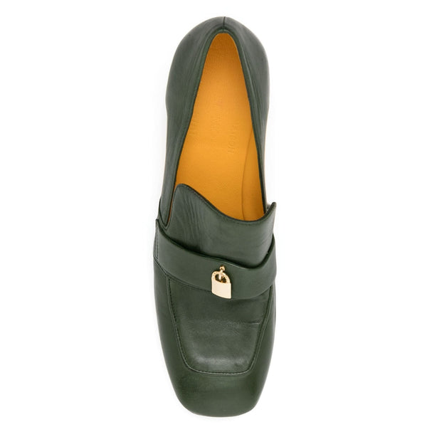 Dark green leather loafer with gold lock hardware and warm orange lining