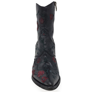 Black ankle boot with pointed toe, red floral embroidery, and slim shaft