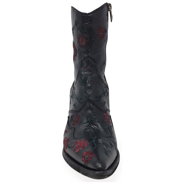 Black ankle boot with pointed toe, red floral embroidery, and slim shaft