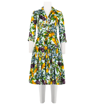 Long Audrey dress with white fruit print, collared button front, 3/4 sleeves, gathered skirt