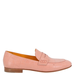 Nude pink croc-embossed leather loafer, flat moc toe with penny strap and brown sole