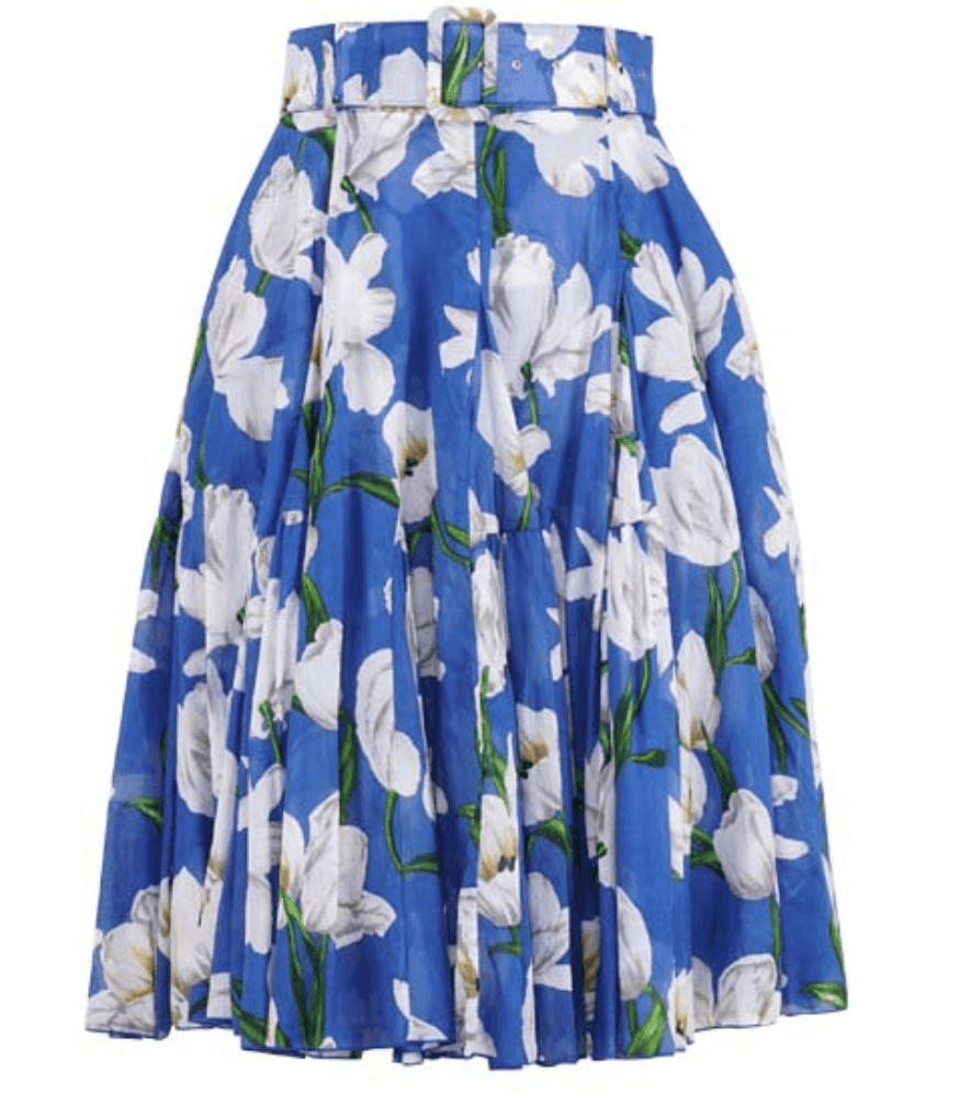 Cobalt blue floral skirt with white tulips and green stems, gathered pleats, A-line