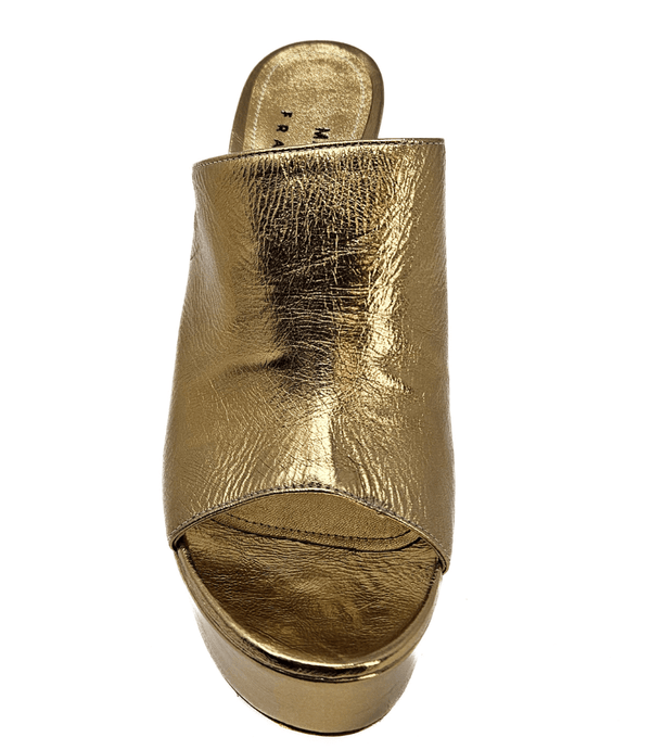 Gold open-toe platform slide sandal with thick platform and block heel