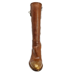 Cognac tall leather boot with rounded toe and small pull loop at shaft top