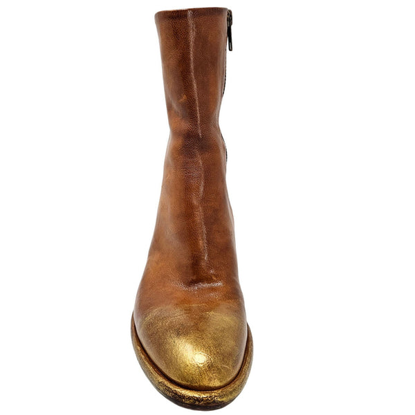 Cognac hand-rubbed ankle boot back view, low stacked heel, rounded almond toe