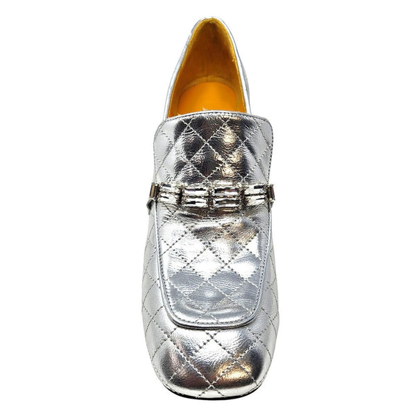 Silver quilted leather loafer front view with metal strap and moc stitching