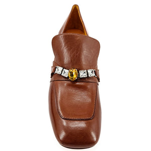 Cognac leather mid-heel loafer, back view, jeweled band at top