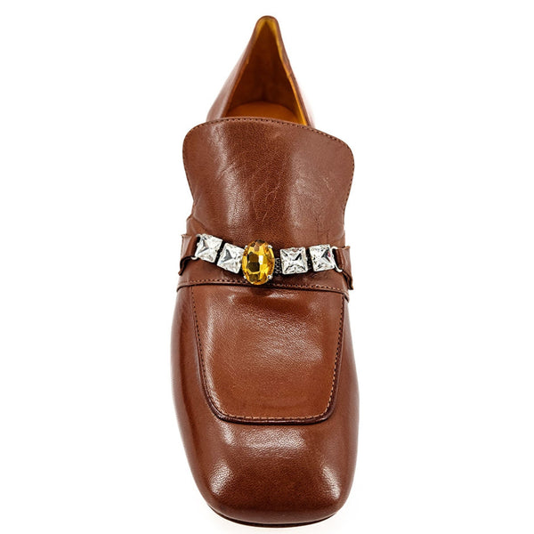 Cognac leather mid-heel loafer, back view, jeweled band at top