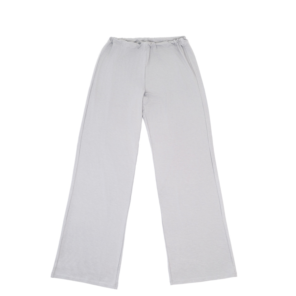 Light grey wide-leg pants with elastic waistband and drawstring