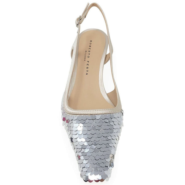 Silver sequined slingback heel with pointed toe and thin ankle strap