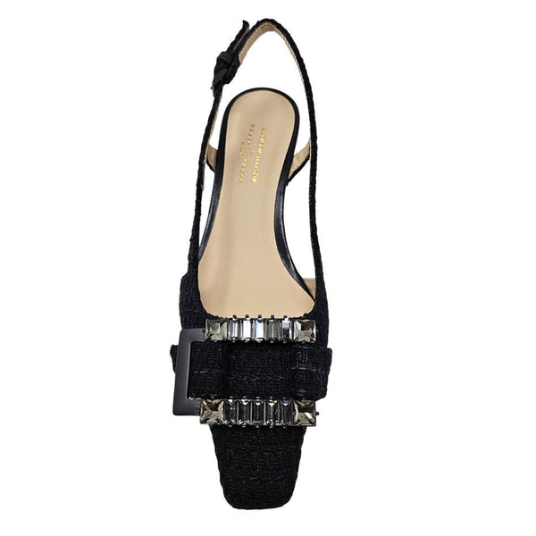 Black slingback heel with wide strap and silver-tone jeweled buckle, top view