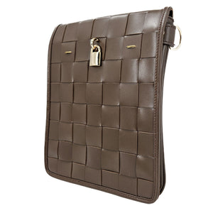 Chocolate woven leather crossbody bag, side view with woven texture and lock front