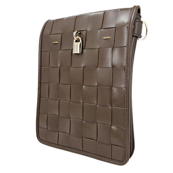 Chocolate woven leather crossbody bag, side view with woven texture and lock front