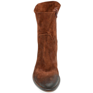 Tan suede ankle boot with side zipper and almond toe