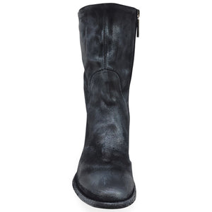 Mid-calf suede boot with rear seam, dark metallic finish, block heel