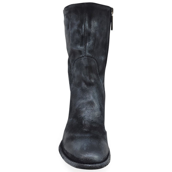 Mid-calf suede boot with rear seam, dark metallic finish, block heel
