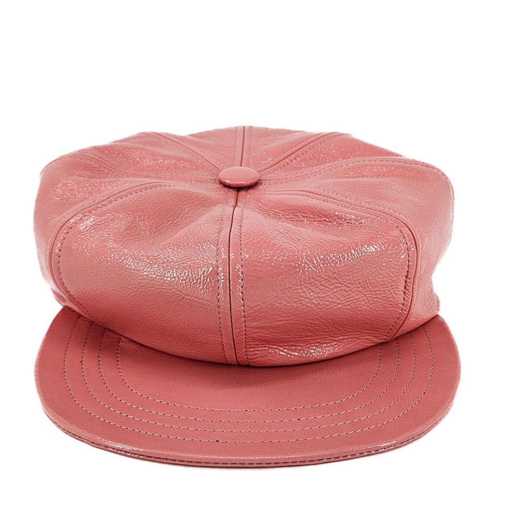 Caramella pink leather motorcycle hat with buttoned top and curved brim