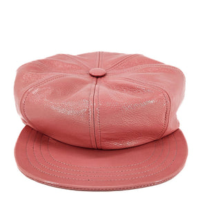 Caramella pink leather motorcycle hat with buttoned top and curved brim
