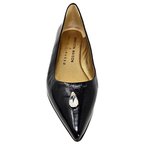 Black pointed ballet flat with jewel buckle detail and gold-toned insole