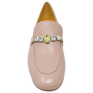 Light pink leather loafer featuring a yellow center gem with rhinestone accents