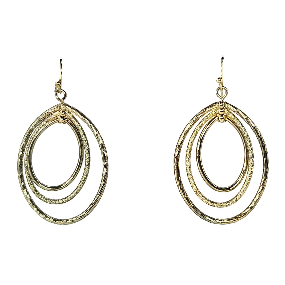 Gold-tone etched oval dangle earrings with layered multi-oval rings