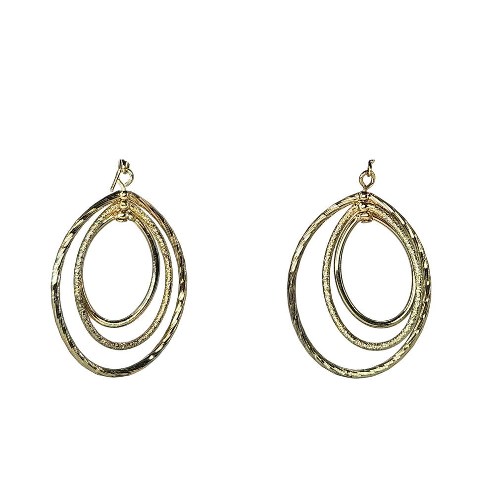Gold-tone etched oval dangle earrings with layered multi-oval rings