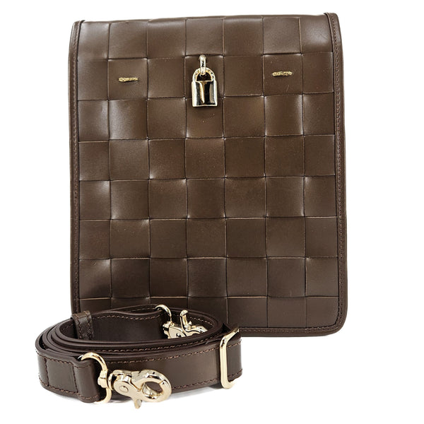 Chocolate woven leather crossbody bag, front flap with lock clasp and detachable strap