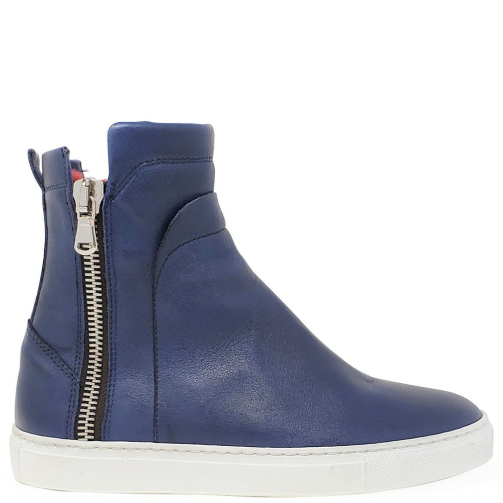 Navy leather double-zip shearling ankle boot with white rubber sole
