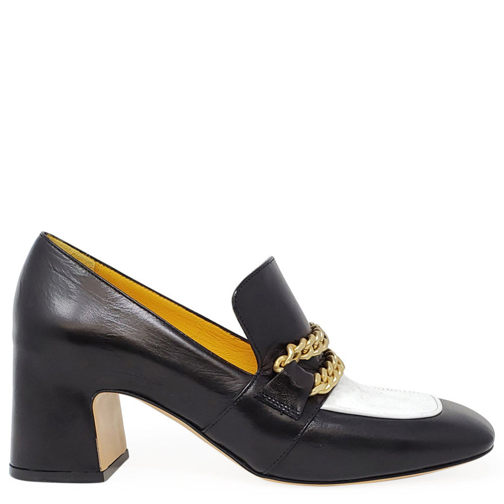 Leather mid-heel loafer in black and white with gold chain detail across the vamp